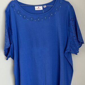 Periwinkle Blue QUACKER FACTORY Eyelet Ruffle Sleeves Rhinestone Floral 1X NWT